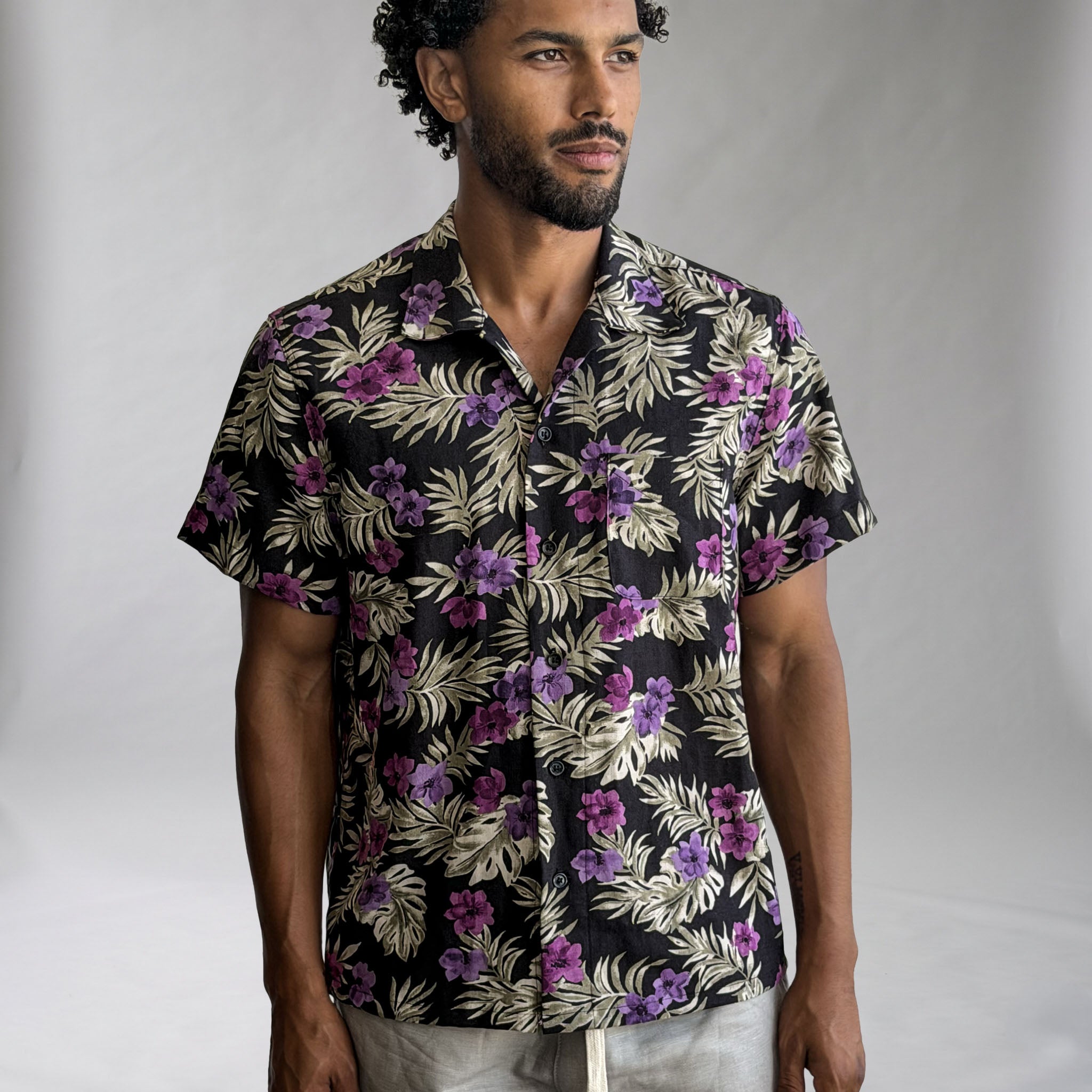 Riviera Midnight Tiki Linen Short Sleeve Shirt