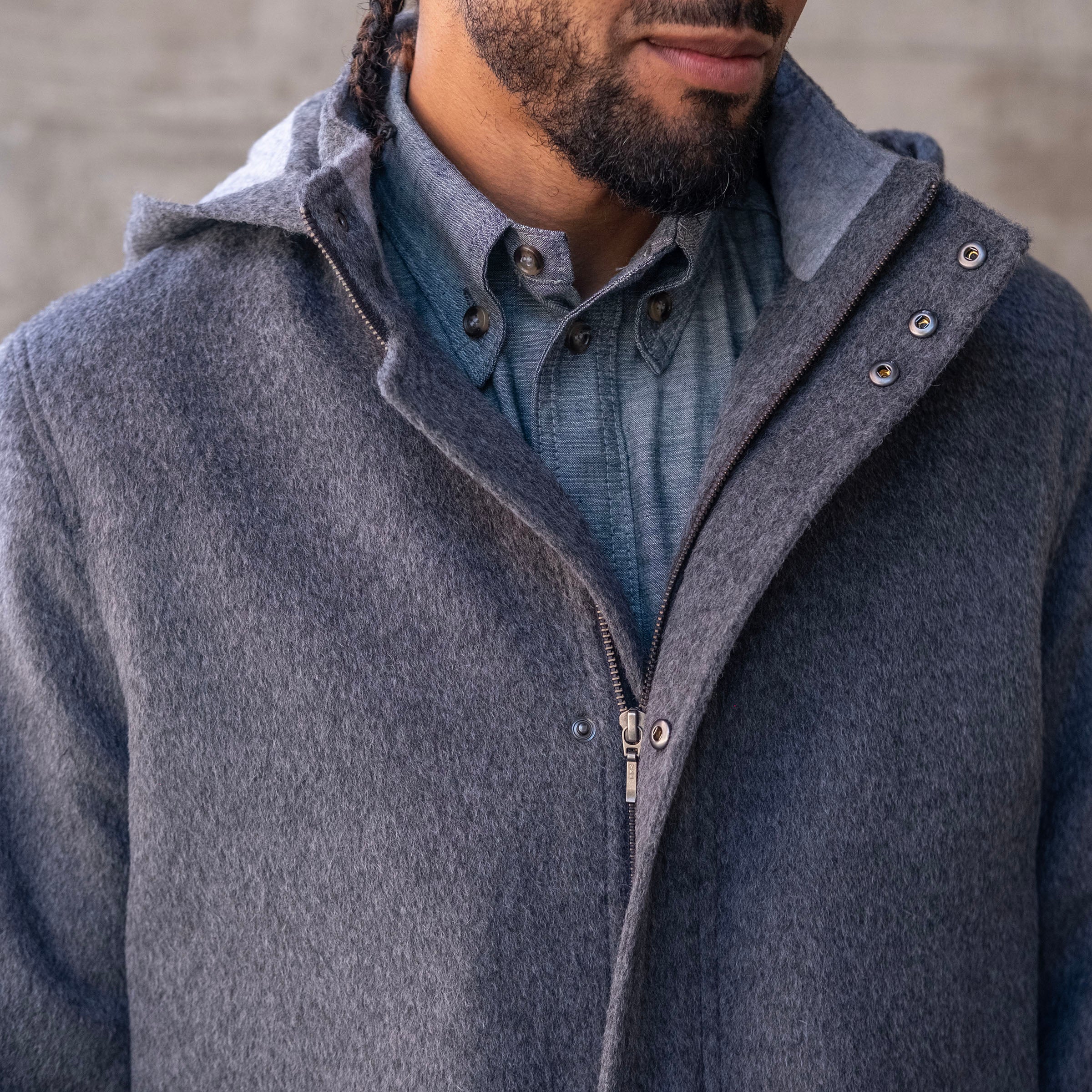 Sample: Grey Heavyweight Alpaca Parka with Removable Hood Sz XL