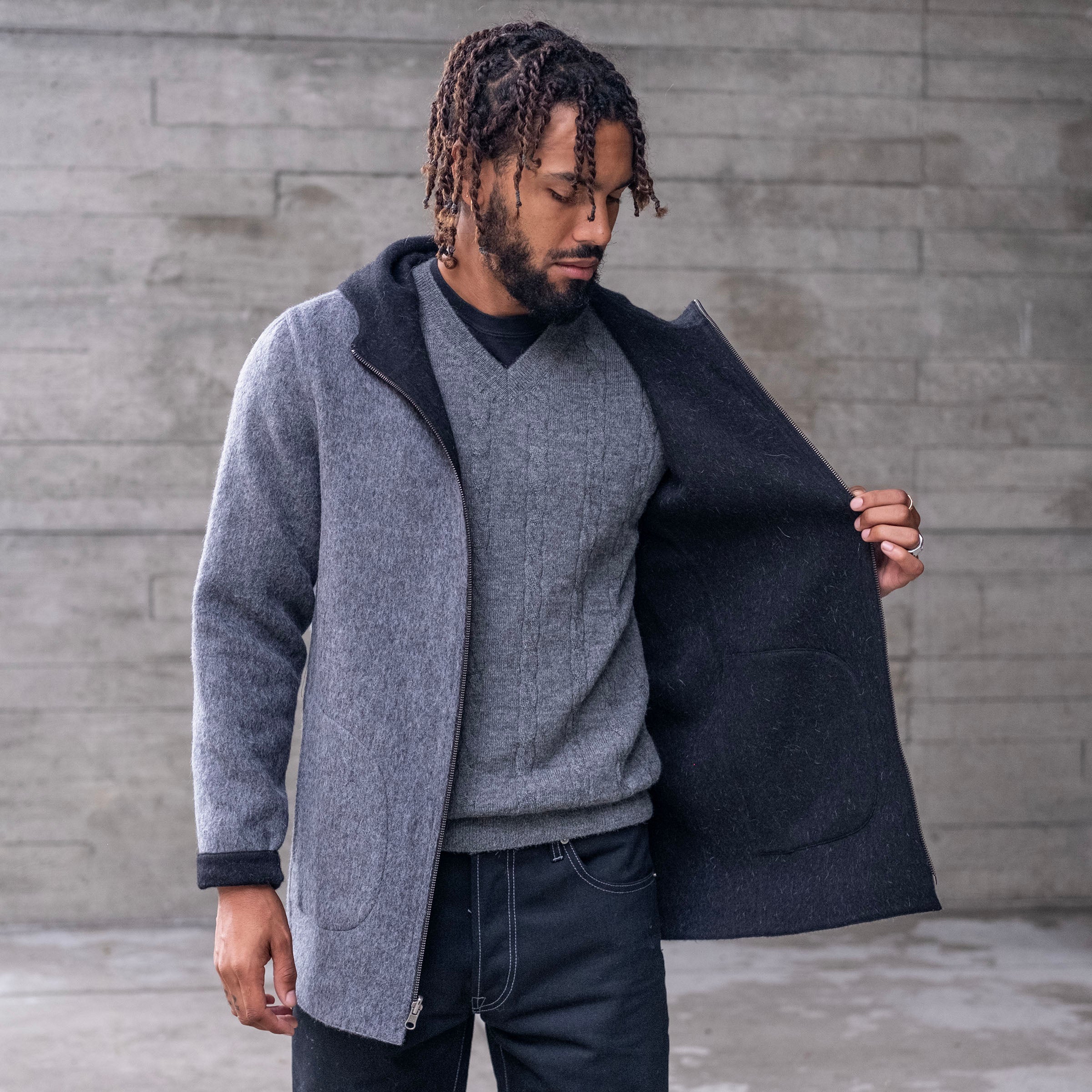 Sample: Alpaca Fully Reversible Hooded Coat Charcoal Sz M