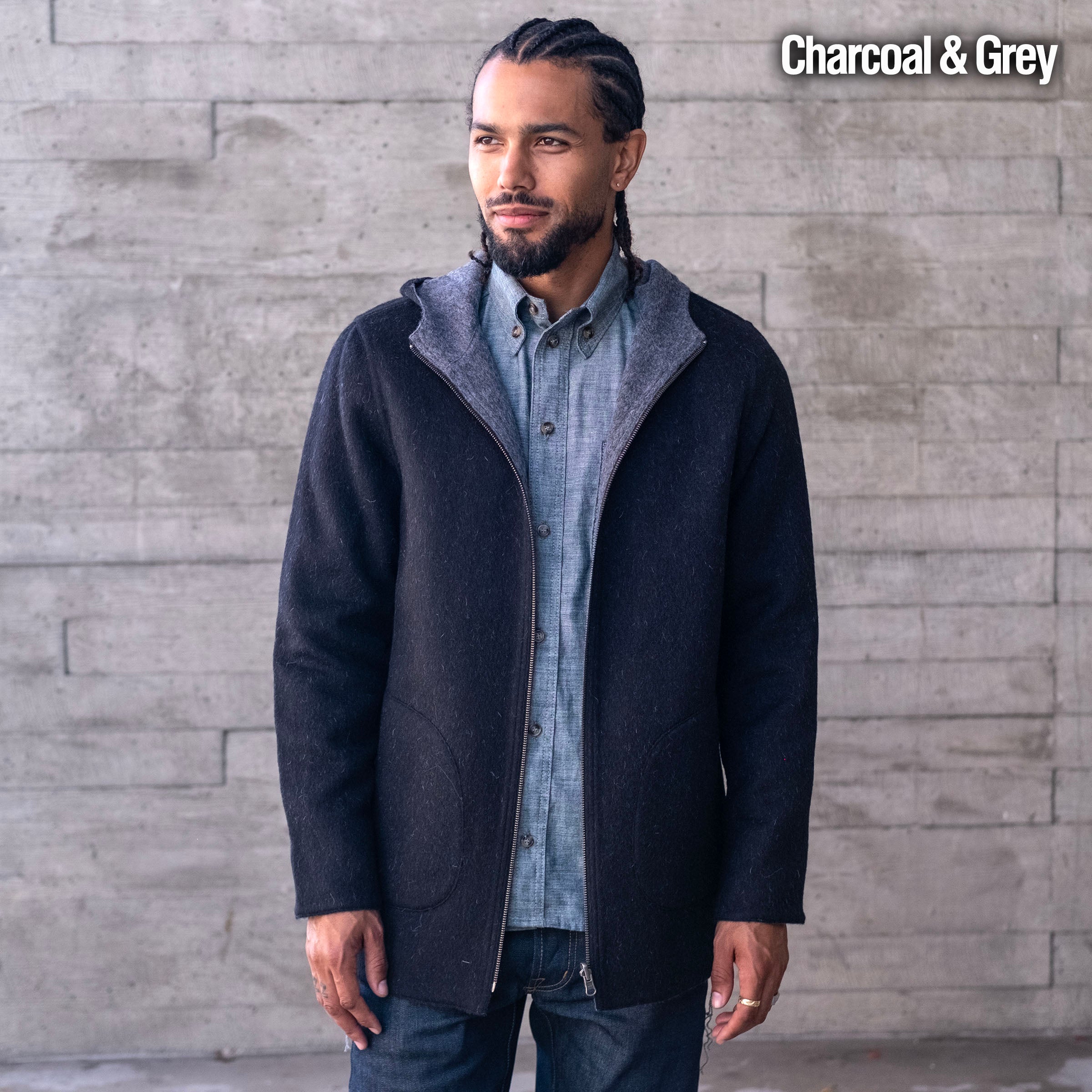 Sample: Alpaca Fully Reversible Hooded Coat Charcoal Sz M