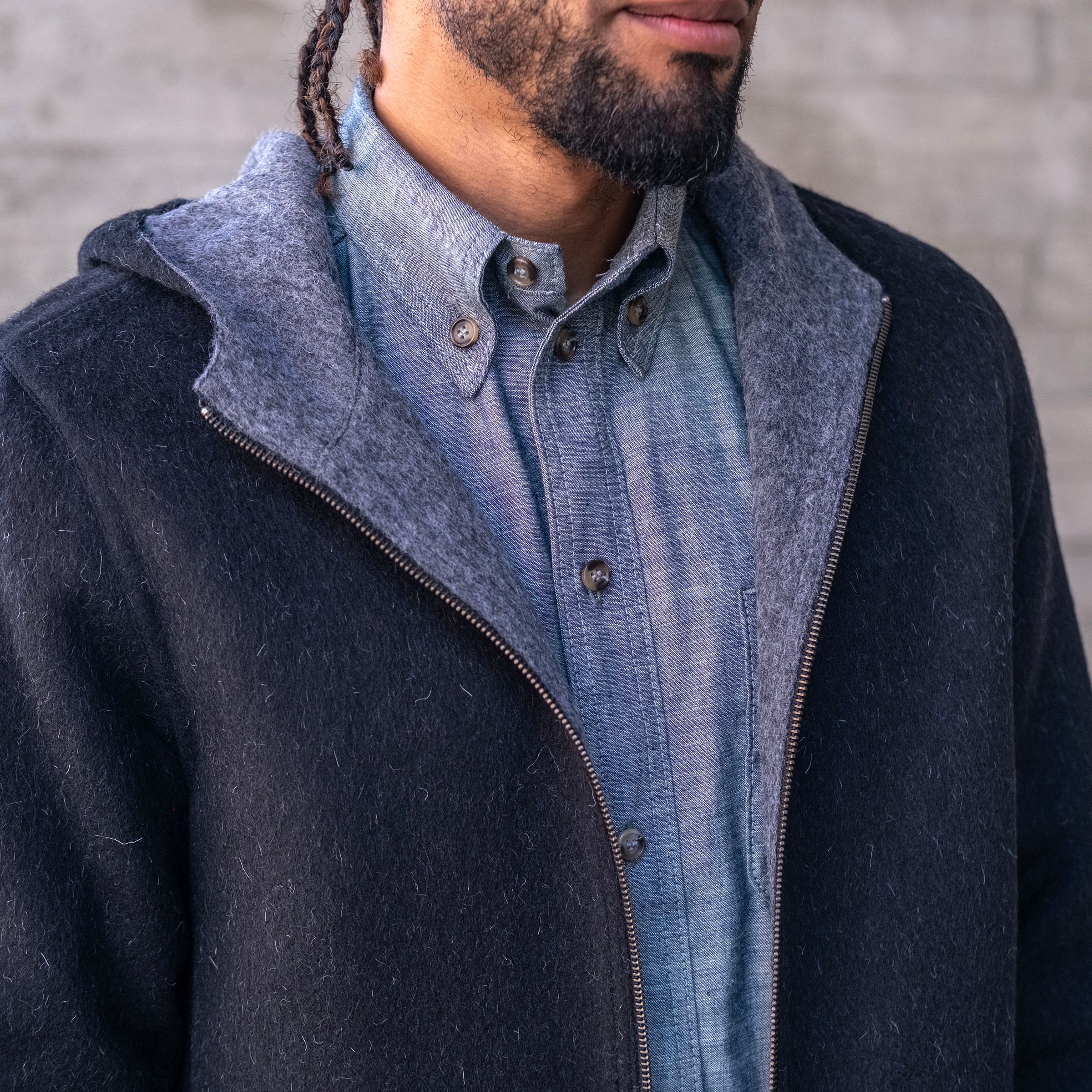 Sample: Alpaca Fully Reversible Hooded Coat Charcoal Sz M
