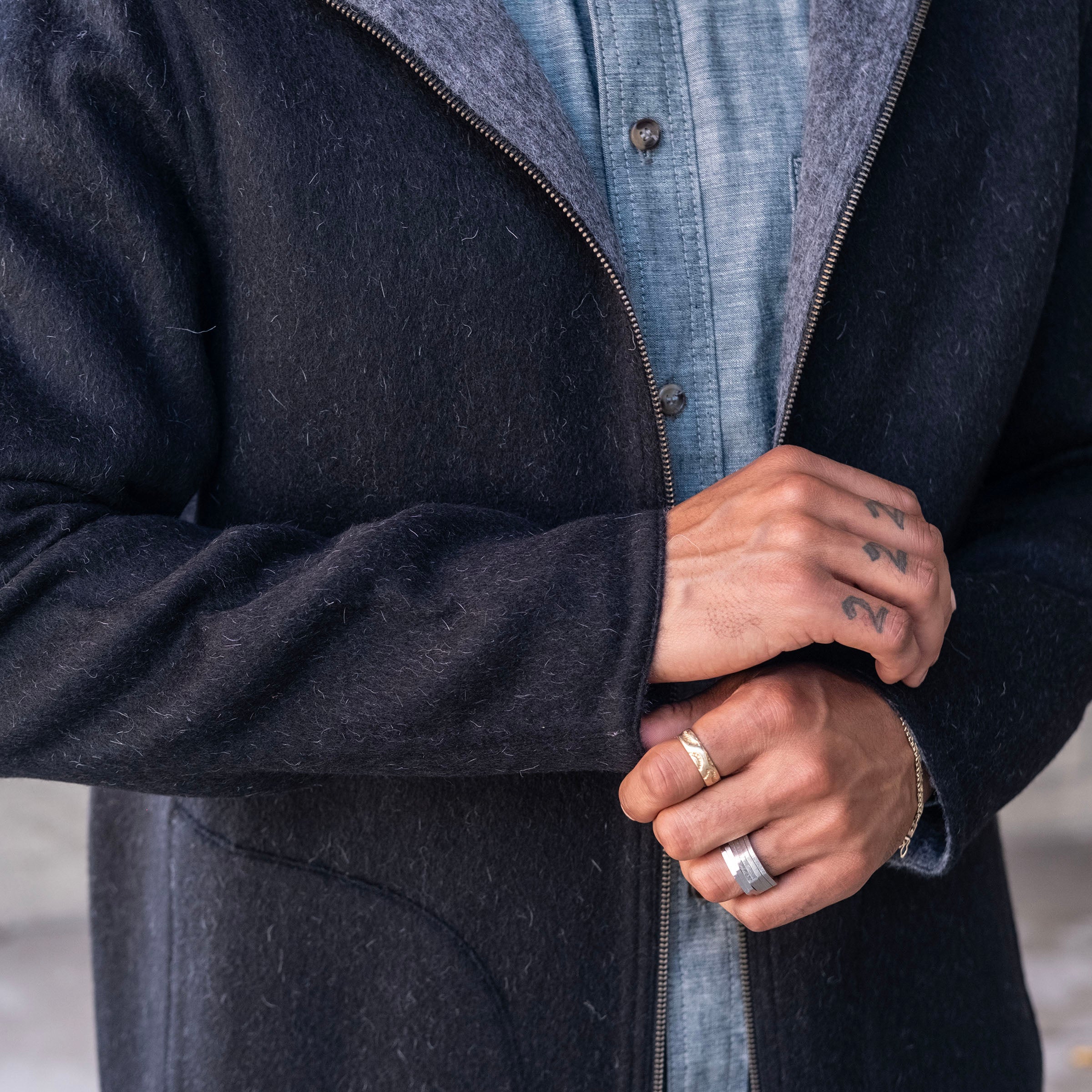 Sample: Alpaca Fully Reversible Hooded Coat Charcoal Sz M
