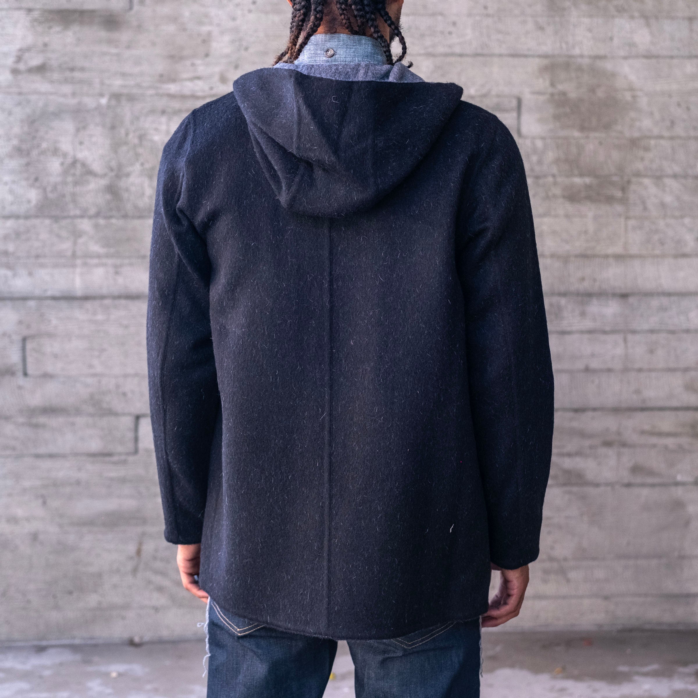 Sample: Alpaca Fully Reversible Hooded Coat Charcoal Sz M
