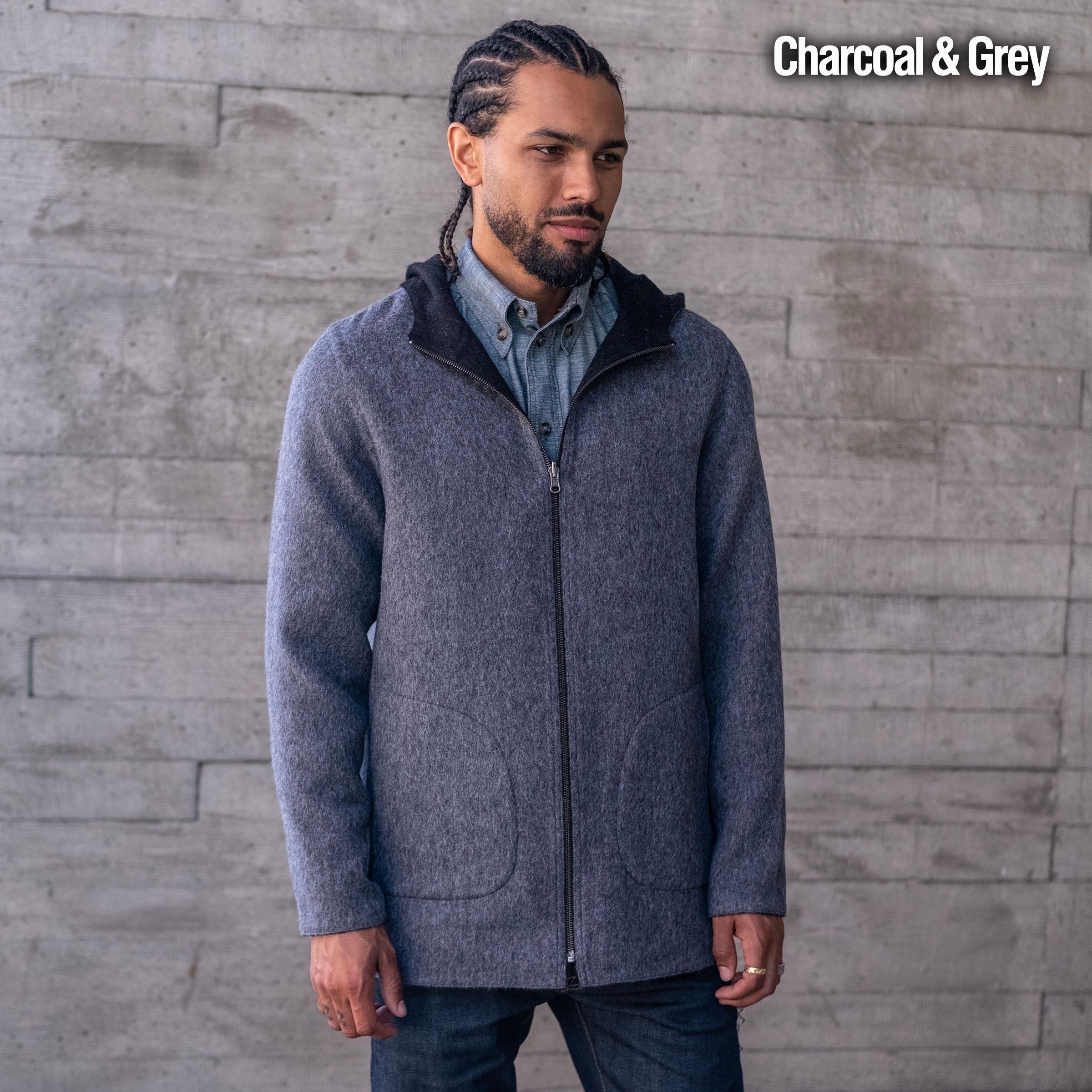 Sample: Alpaca Fully Reversible Hooded Coat Charcoal Sz M