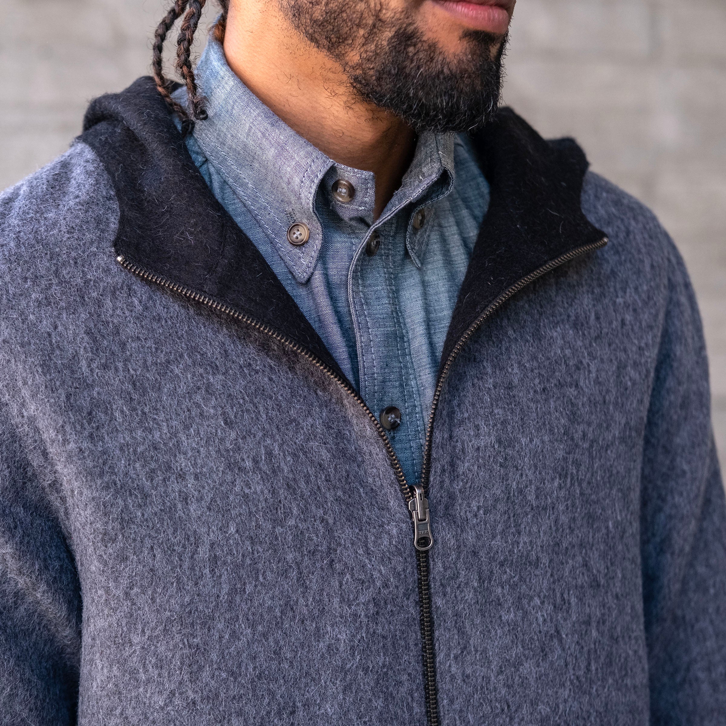 Sample: Alpaca Fully Reversible Hooded Coat Charcoal Sz M