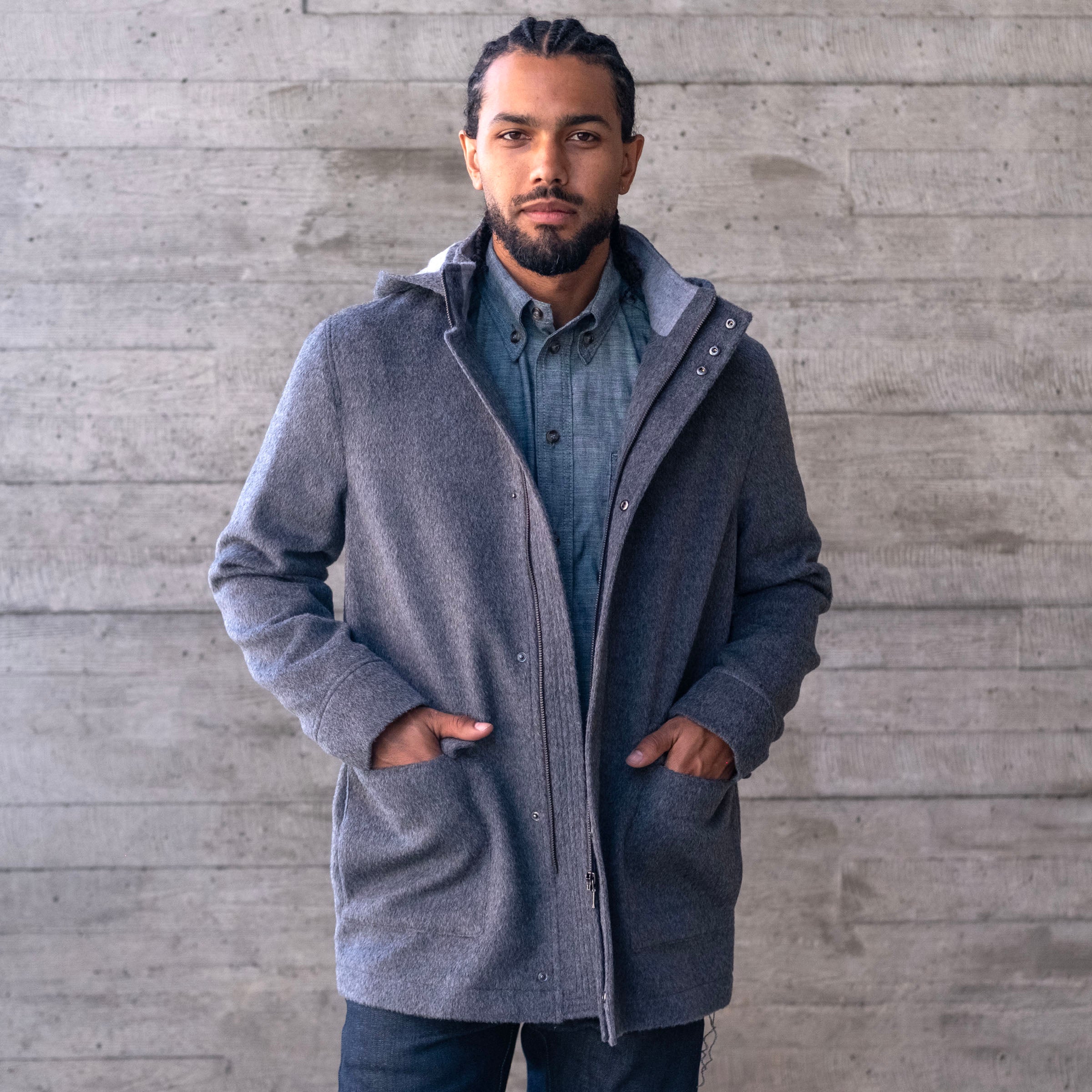 Sample: Grey Heavyweight Alpaca Parka with Removable Hood Sz M