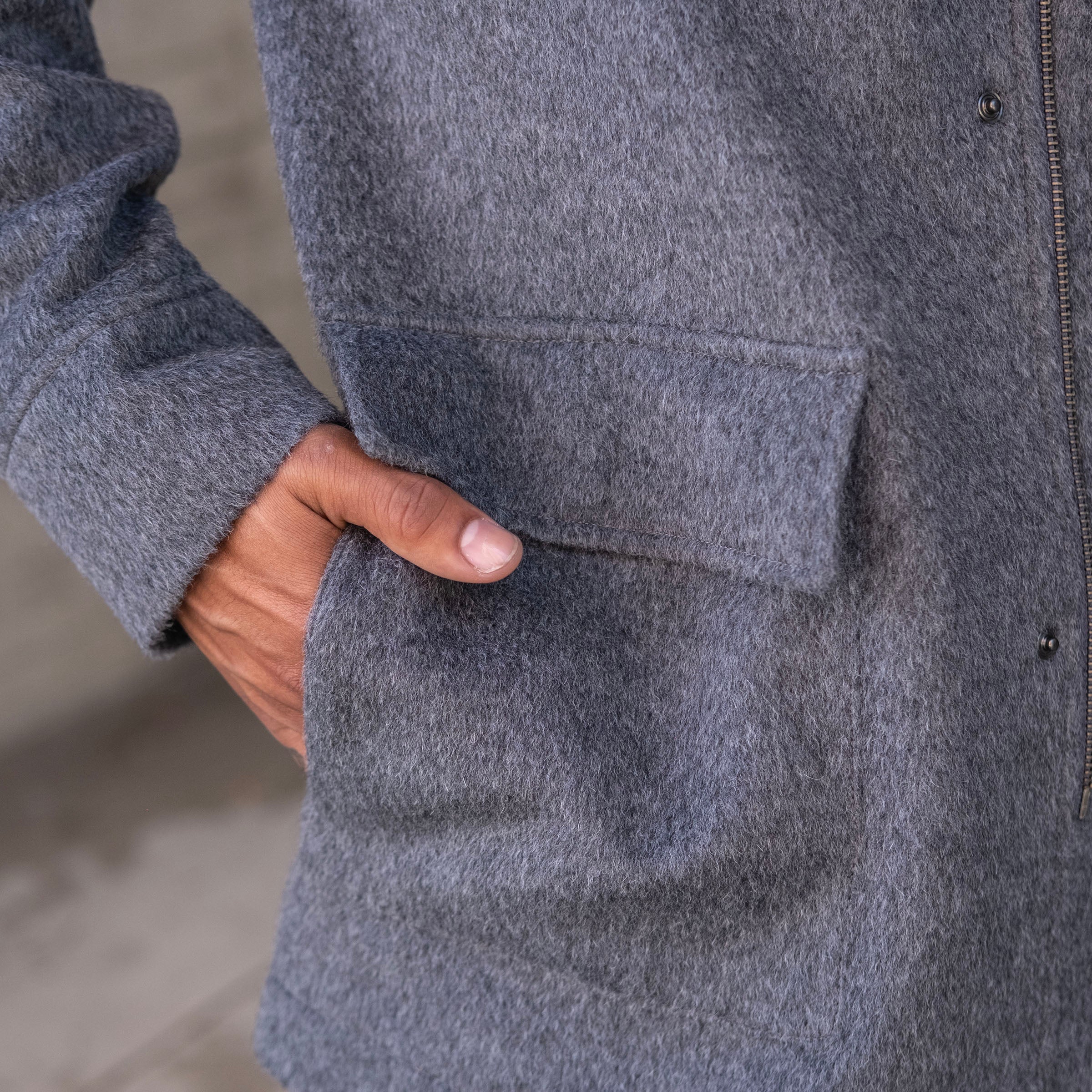 Sample: Grey Heavyweight Alpaca Parka with Removable Hood Sz M